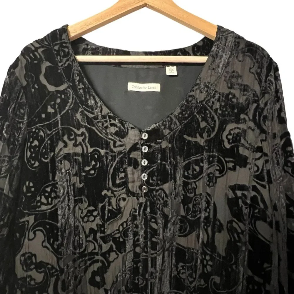 Coldwater Creek Womens Black Velvet Burnout Top Size L Whimsigoth Fairy Grunge - Picture 2 of 10